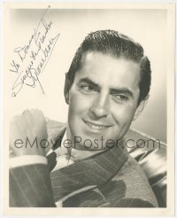 3x0586 TYRONE POWER JR. signed deluxe 8x10 still 1950s great close smiling portrait in suit & tie!