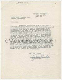 3x0066 JOHN HUSTON signed contract agreement 1938 telling Warners about his agreement with Goldwyn!
