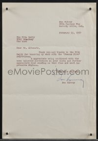 3x0081 DON MURRAY signed letter 1957 to the editor of The Film Daily, thanking him!