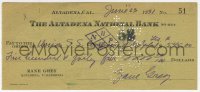 3x0052 ZANE GREY signed 3x6 canceled check 1931 he paid $545 to Union S.S. Company of New Zealand!