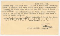 3x0107 STAN LAUREL signed 3x6 postcard 1962 thanking Raymond Bell for his letter & birthday card!