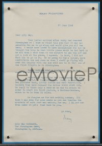 3x0096 MARY PICKFORD signed letter 1946 telling reviewer friend she didn't want to fly with Buddy!