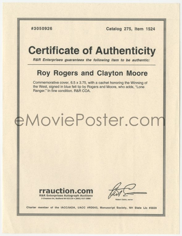 eMoviePoster.com: 3x0361 ROY ROGERS/CLAYTON MOORE signed first day ...