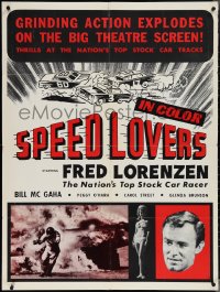3y0424 SPEED LOVERS 30x40 1968 racer Fred Lorenzen, cool art of early stock cars & sexy woman!