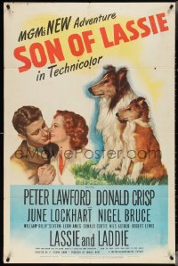 3y1060 SON OF LASSIE 1sh 1945 Peter Lawford, art of the classic canine star & puppy!