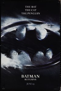 3z0797 BATMAN RETURNS teaser 1sh 1992 Burton, Keaton, The Bat, The Cat, The Penguin, logo design!
