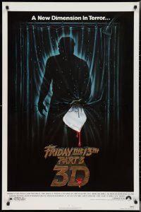 3z0850 FRIDAY THE 13th PART 3 - 3D 1sh 1982 slasher sequel, art of Jason stabbing through shower!