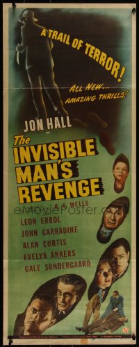 3z0497 INVISIBLE MAN'S REVENGE insert 1944 Jon Hall in title role, H.G. Wells, a trail of terror!