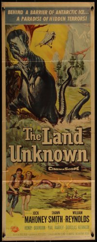 3z0501 LAND UNKNOWN insert 1957 a paradise of hidden terrors, great art of dinosaurs!