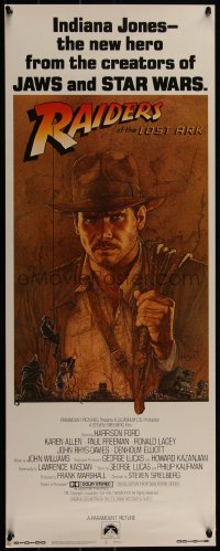 3z0516 RAIDERS OF THE LOST ARK int'l insert 1981 art of adventurer Harrison Ford by Richard Amsel!