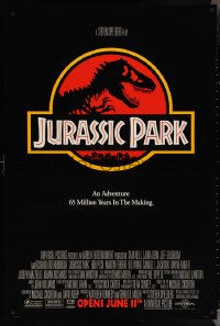 3z0897 JURASSIC PARK advance 1sh 1993 Steven Spielberg, classic logo with T-Rex over red background