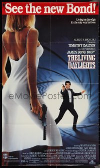 3z0719 LIVING DAYLIGHTS 22x38 video poster 1987 Dalton as Bond & sexy Maryam d'Abo in dress w/gun!