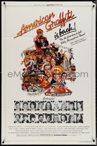 4b0814 AMERICAN GRAFFITI 1sh R1978 George Lucas, great wacky Mort Drucker artwork of cast & images!