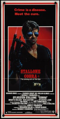 4b0357 COBRA Aust daybill 1986 crime is a disease and Sylvester Stallone is the cure, John Alvin art!