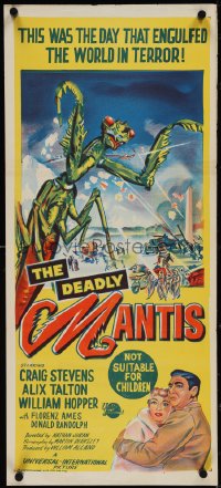 4b0362 DEADLY MANTIS Aust daybill 1957 art of giant insect monster attacking Washington D.C.!