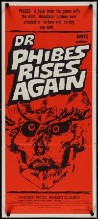 4b0364 DR. PHIBES RISES AGAIN Aust daybill 1973 Vincent Price, Quarry, Cushing, skull horror art!
