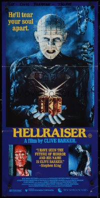 4b0377 HELLRAISER Aust daybill 1987 Clive Barker horror, Pinhead, he'll tear your soul apart!