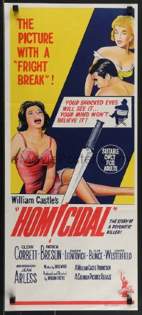 4b0380 HOMICIDAL Aust daybill 1961 William Castle's frightening story of a psychotic female killer!