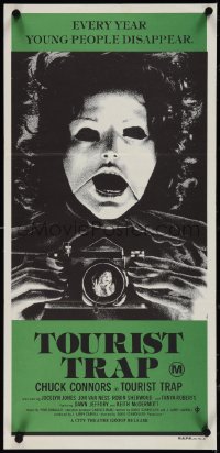 4b0430 TOURIST TRAP Aust daybill 1979 Charles Band, wacky horror image of masked woman with camera!