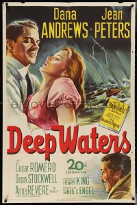 4b0887 DEEP WATERS 1sh 1948 artwork of Dana Andrews holding sexy Jean Peters!