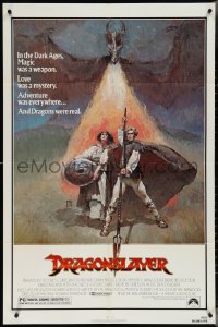 4b0898 DRAGONSLAYER 1sh 1981 cool Jeff Jones fantasy artwork of Peter MacNicol w/spear & dragon!