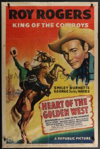 4b0962 HEART OF THE GOLDEN WEST 1sh 1942 cool art of Roy Rogers close up & on rearing Trigger!