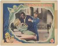 4b0568 HAUNTED HOUSE LC 1928 Montagu Love chokes Thelma Todd, great border art of ghost, ultra rare!