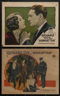 4b0787 MANHATTAN 2 LCs 1924 romantic Richard Dix close-up & held by Jacqueline Logan, ultra rare!