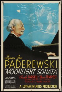 4b1037 MOONLIGHT SONATA 1sh 1937 pianist Ignace Jan Paderewski at piano & lovers in sky, ultra rare!