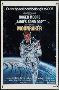 4b1039 MOONRAKER int'l 1sh 1979 art of Roger Moore as Bond in space by Daniel Goozee!