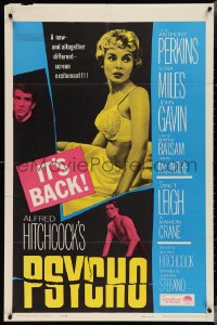 4b1091 PSYCHO 1sh R1965 half-dressed Janet Leigh, Anthony Perkins, Alfred Hitchcock classic!