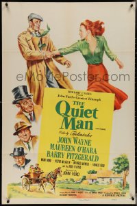 4b1097 QUIET MAN 1sh R1956 great art of John Wayne & Maureen O'Hara, John Ford classic, rare!