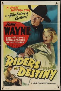 4b1104 RIDERS OF DESTINY 1sh R1947 great close up of young cowboy John Wayne with gun & girl!