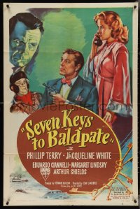 4b1124 SEVEN KEYS TO BALDPATE 1sh 1947 art of sexy Jacqueline White & Phillip Terry!