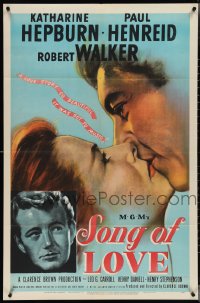 4b1147 SONG OF LOVE 1sh 1947 art of Katharine Hepburn & Paul Henreid kissing + Robert Walker!