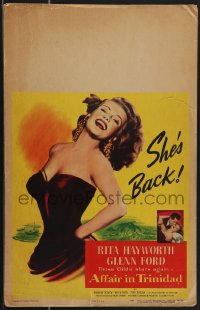 4b0050 AFFAIR IN TRINIDAD WC 1952 best art of sexiest Rita Hayworth laughing in low-cut dress!