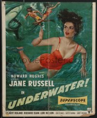 4b0135 UNDERWATER WC 1955 Howard Hughes, sexiest art of skin diver Jane Russell in red swimsuit!