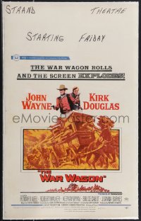 4b0138 WAR WAGON linen WC 1967 cowboys John Wayne & Kirk Douglas, western armored stagecoach artwork!
