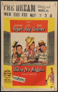 4b0140 WE'RE NO ANGELS WC 1955 art of Humphrey Bogart, Aldo Ray & Peter Ustinov tipping their hats!