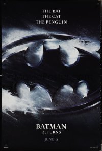 4c0782 BATMAN RETURNS teaser 1sh 1992 Burton, Keaton, The Bat, The Cat, The Penguin, logo design!