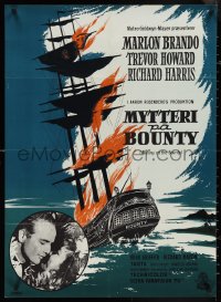 4c0528 MUTINY ON THE BOUNTY Danish 1962 Marlon Brando, cool art of burning ship by Lettorp!