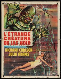 4c0426 CREATURE FROM THE BLACK LAGOON French 24x31 R1962 art of monster looming over Adams!