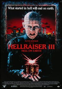 4c0475 HELLRAISER III: HELL ON EARTH 27x39 video poster 1992 Clive Barker, Pinhead holding cube!