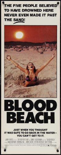 4c0084 BLOOD BEACH insert 1981 Jaws parody tagline, image of sexy girl in bikini sinking in sand!