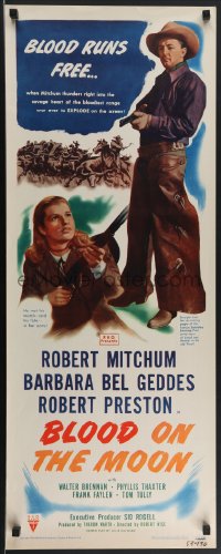 4c0085 BLOOD ON THE MOON insert 1949 art of cowboy Robert Mitchum pointing gun & Barbara Bel Geddes!