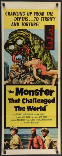 4c0109 MONSTER THAT CHALLENGED THE WORLD insert 1957 great artwork of creature & its victim!