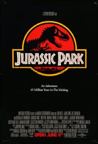 4c0911 JURASSIC PARK advance 1sh 1993 Steven Spielberg, classic logo with T-Rex over red background