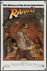 4c0993 RAIDERS OF THE LOST ARK 1sh R1982 great Richard Amsel art of adventurer Harrison Ford!