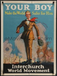 4c0183 INTERCHURCH WORLD MOVEMENT 21x28 special poster 1918 Ernest Fuhr art of boy walking, rare!