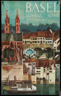 4c0490 BASEL SWITZERLAND 25x40 Swiss travel poster 1960s wonderful Schneider art of village!